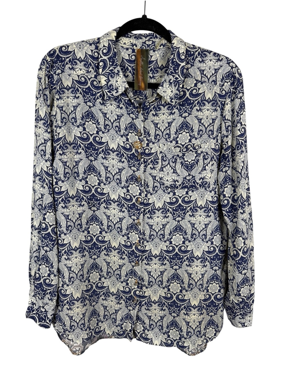 Aratta Silent Journey Mixed Media Long Sleeve Button Down Paisley Damask Shirt
